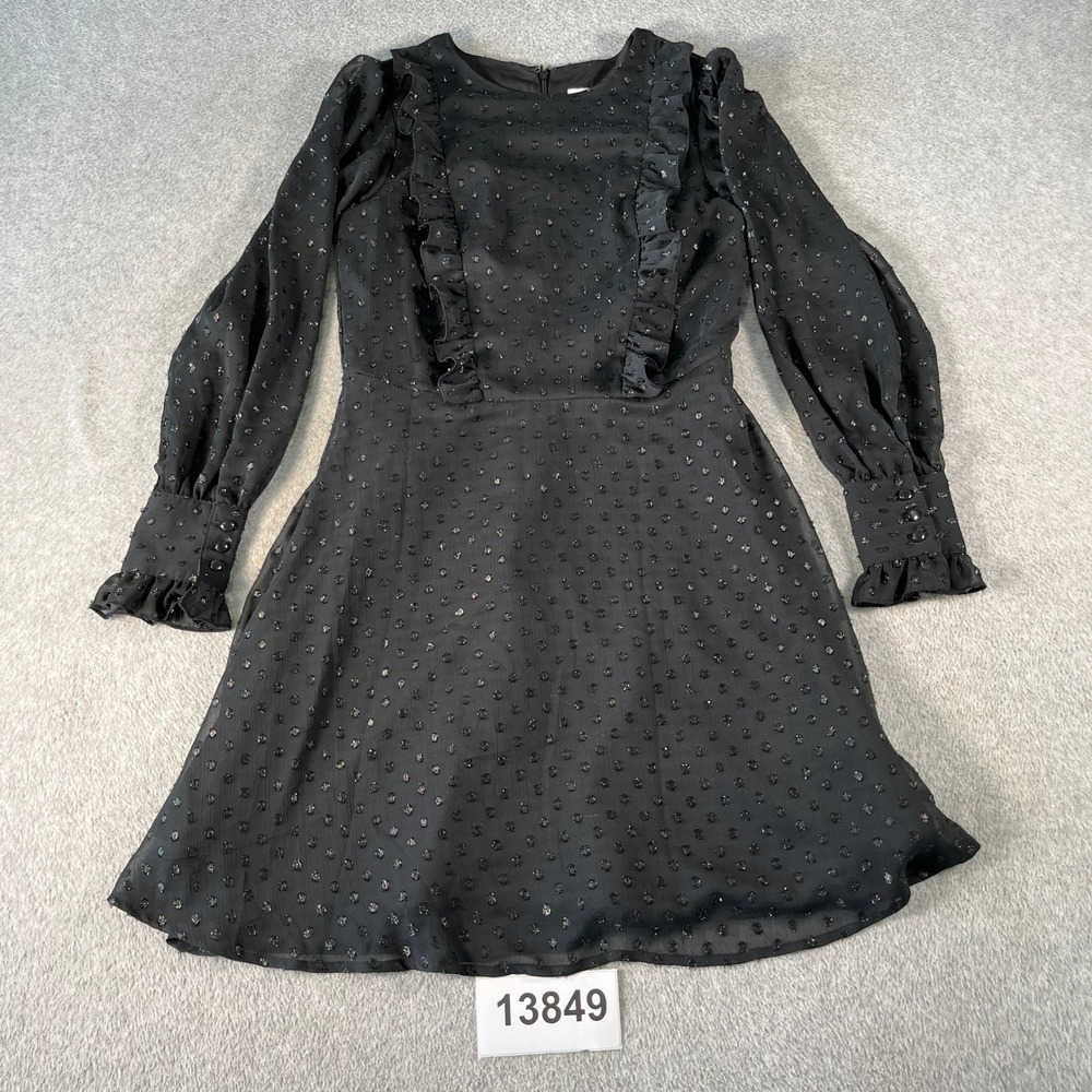 A New Day Mini Dress Womens XS Black Excellent Metallic Clip Dot Ruffle Sleeve